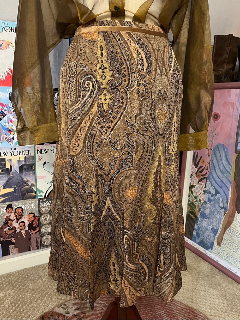 Anne Klein 100% Silk Brown and Tan Paisley Midi Skirt